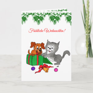 Fröhliche Weihnachten, Hund und Katze auf Deutsch Helgkort
