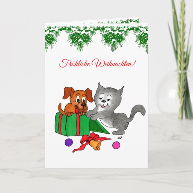 Fröhliche Weihnachten, Hund und Katze auf Deutsch Helgkort (Framsida)