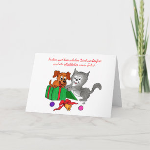 Fröhliche Weihnachten, Hund und Katze auf Deutsch Helgkort