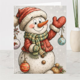 Fröhlicher Schneemann mit Weihnachtskugeln Kort