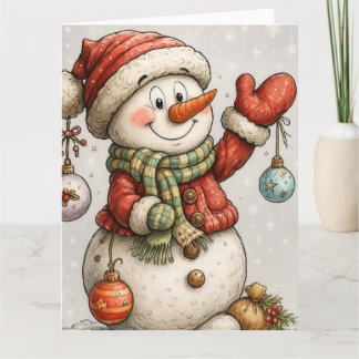 Fröhlicher Schneemann mit Weihnachtskugeln  Kort