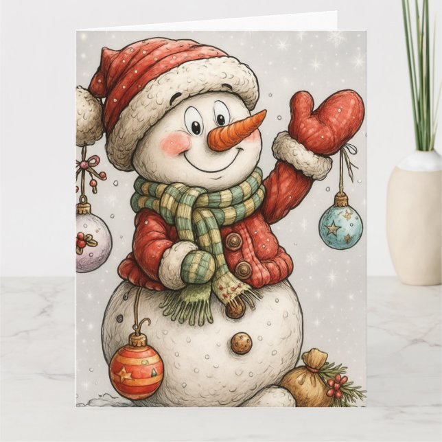 Fröhlicher Schneemann mit Weihnachtskugeln  Kort (Framsida)