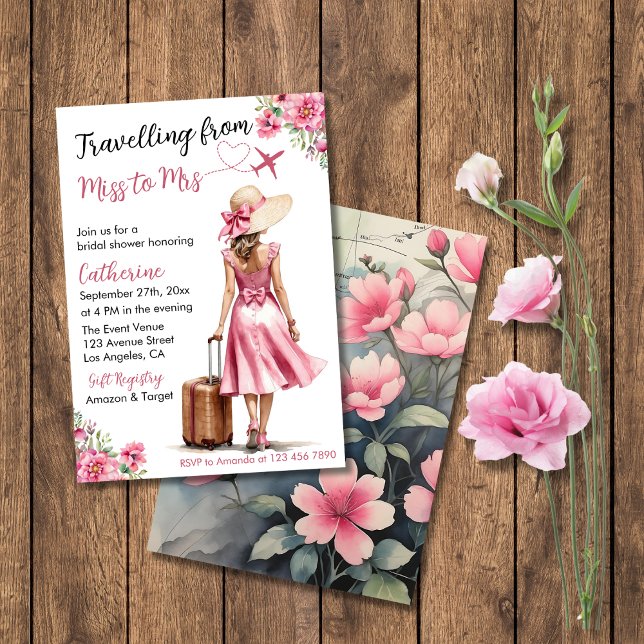 Fröken till fru Resa Rosa Bow Dress Bröllopsdusch Inbjudningar (Flat lay love is a journey travel map bridal shower travelling from miss to mrs invitation card)