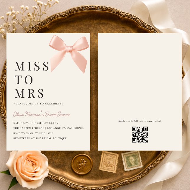 Fröken till Mrs Blush Rosa Båge QR Kod Bröllopsfes Inbjudningar (Skapare uppladdad)