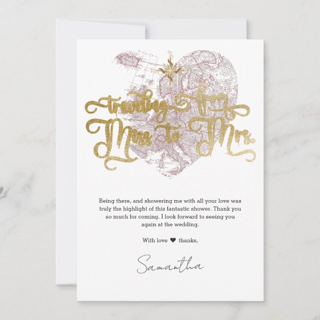 Fröken till Mrs Chic Heart Map Travel Bröllopsdusc Tack Kort (Framsida)