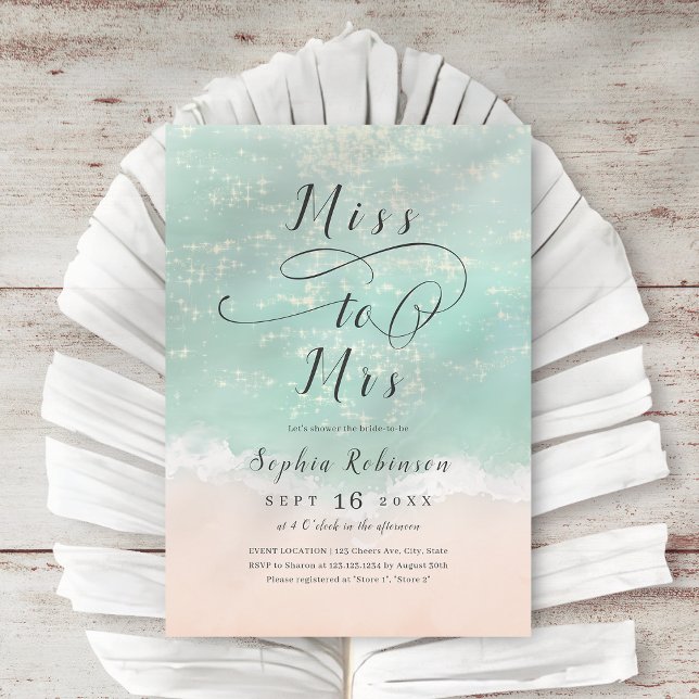 Fröken till Mrs glittrande havsstrand bröllopsdusc Inbjudningar (Miss to Mrs sparkling ocean beach bridal shower Invitation)