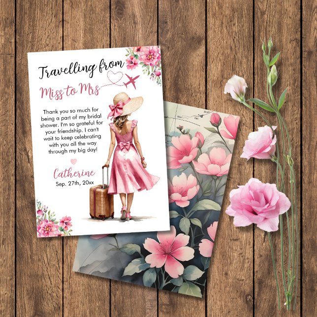 Fröken Till Mrs Resa Rosa Båge Bröllopsdusch Klänn Tack Kort (Flat lay around the world destination bridal shower travelling from miss to mrs thank you card)