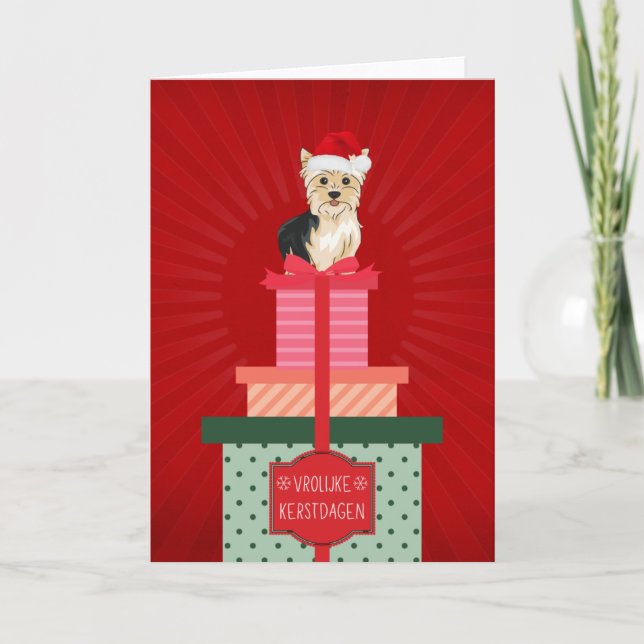 Frolijke Kerstdaagen Yorkie Hond Cadeautjes Kerst Helgkort (Framsida)