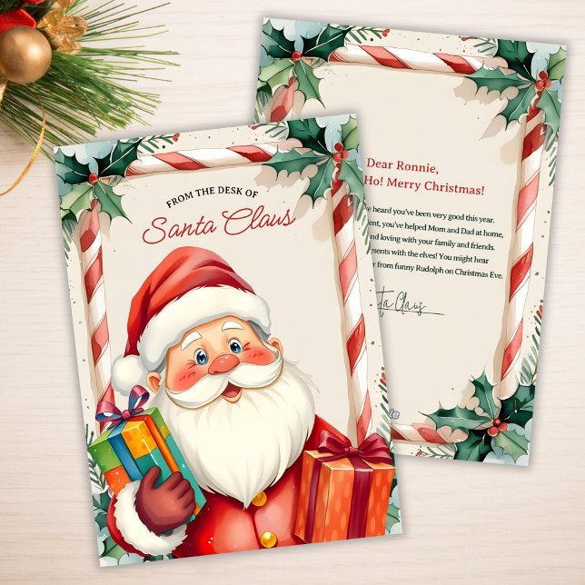 From the Desk of Santa Kids Christmas Note Letter Julkort (Personalized Letter from Santa – Candy Cane & Holly North Pole Stationery)