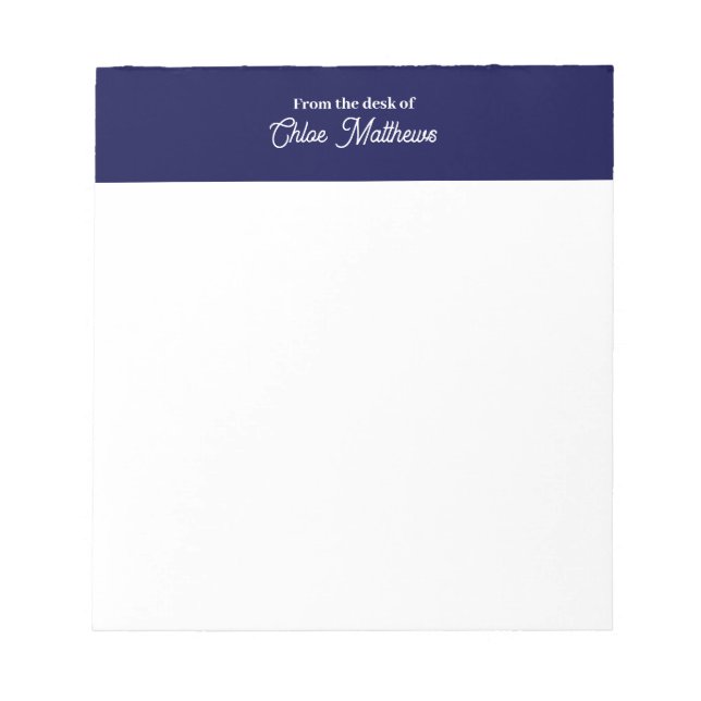 From The Desk Of White Script Navy Blue Border Anteckningsblock (Framsida)