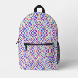Front and back view of a backpack with a colorful