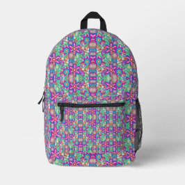 Front and back view of a colorful backpack