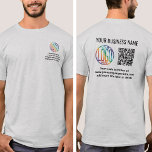 Front Back Prated Company Logotyp & QR Code Busine T Shirt<br><div class="desc">Skapa dina egna skannerskjortor för logotyp i anpassningsbarna för reklam för företag eller för medarbetaruniformer. Om du vill skapa din egen QR-kod med hjälp av generatorn skriver du bara in webbplatsens URL i mallen. Alla formuleringar är enkla att anpassa eller radera. Insynen i färg, typsnitt och logotyp är också lätt...</div>