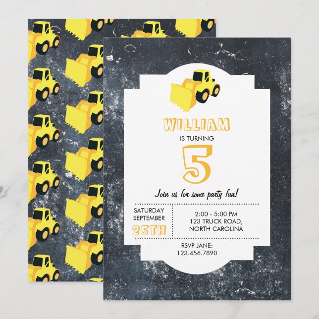 Front End Loader Construction Lastbil Birthday Inbjudningar (Fram/baksida)