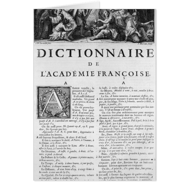 Frontispiece för den franska akademiordboken hälsningskort (Framsidan)
