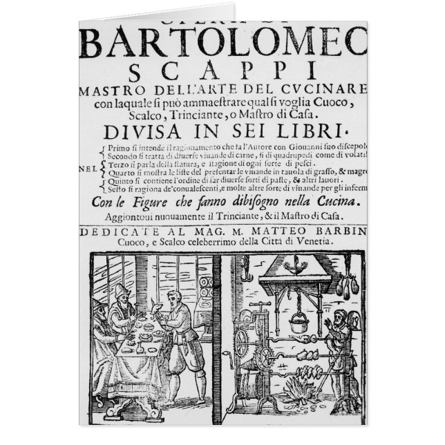 Frontispiece som lagar mat boken av Bartolomeo Hälsningskort (Framsidan)