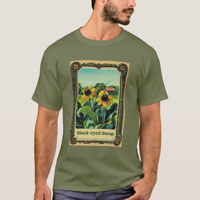 fröpaket design av svartögda susor på olivgrön t shirt (Framsida)