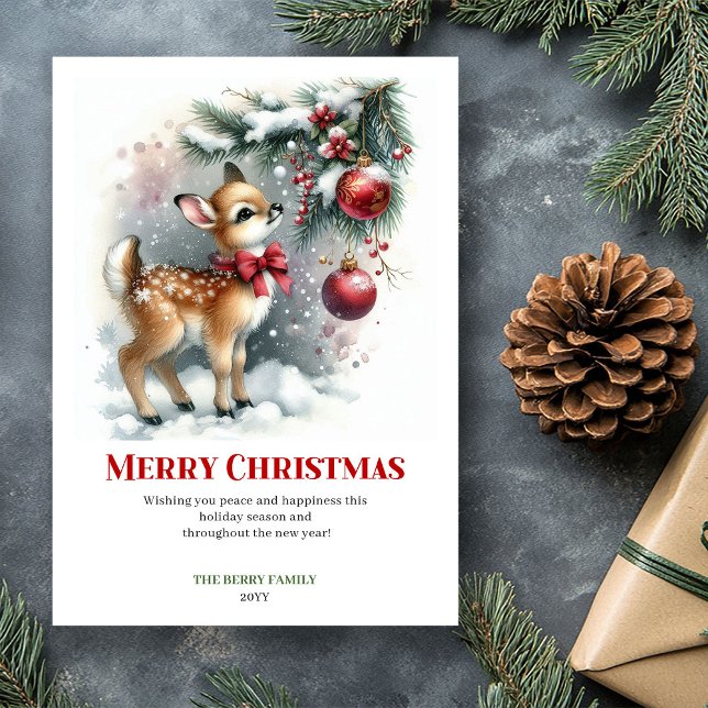 Frost baby fawn snowy forest winter scene greeting julkort (Frost baby fawn snowy forest winter scene greeting card)