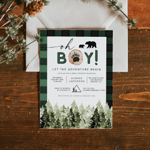 FROST Grönt Flanals Gräs Bear Boy Shower Inbjudningar