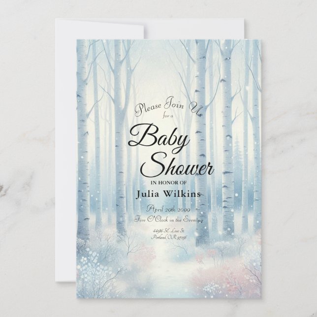 Frostad Blå Björkskogs Baby Shower Inbjudningar (Framsida)