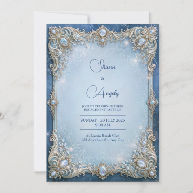 Frostad blå kristall trådram bröllop inbjudningar (Framsida)