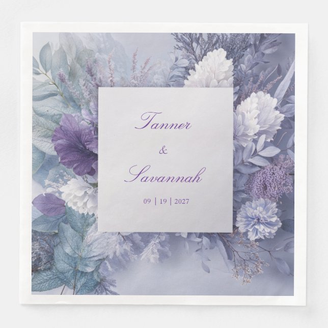 Frostad Blå Lavendel Blommig Vinterbröllop Pappersservett (Framsida)