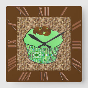 Frostad chokladmuffin för Mint, Fractalbakgrund Fyrkantig Klocka