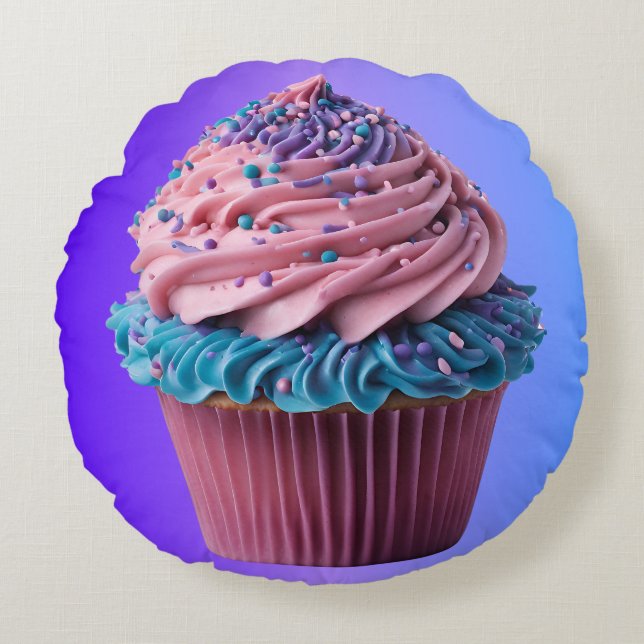 Frostad rosa och blå Cupcake Rund Kudde (Framsidan)
