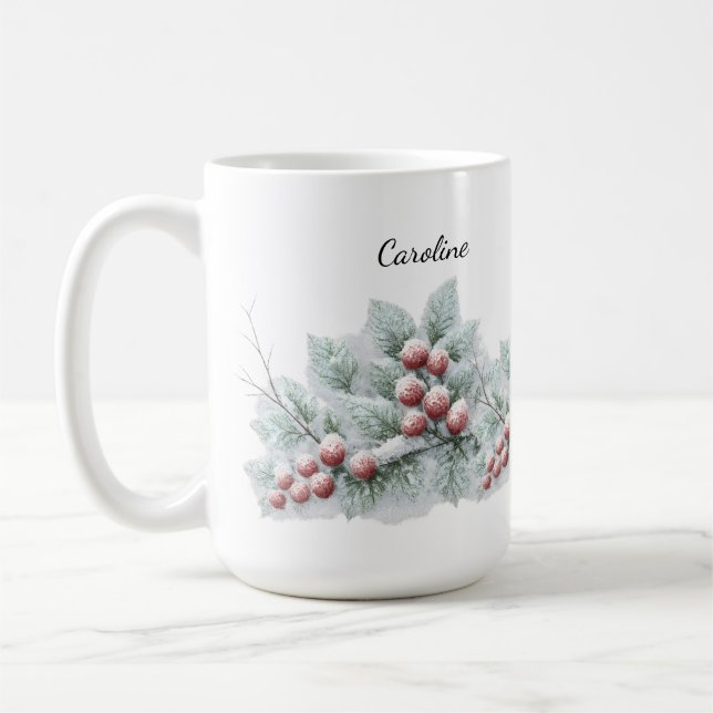 Frostad vinterbär och botanisk gran jul  kaffemugg (Vänster)