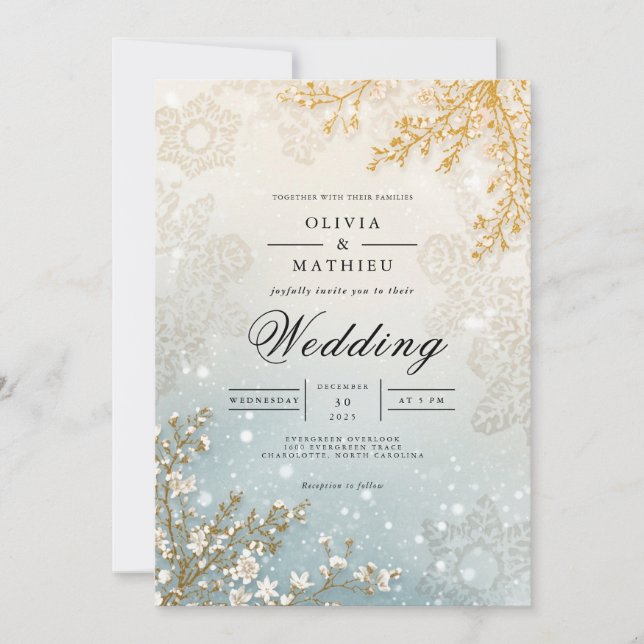 Frostat Bloom Winter Romantik Bröllop Inbjudningar (Framsida)