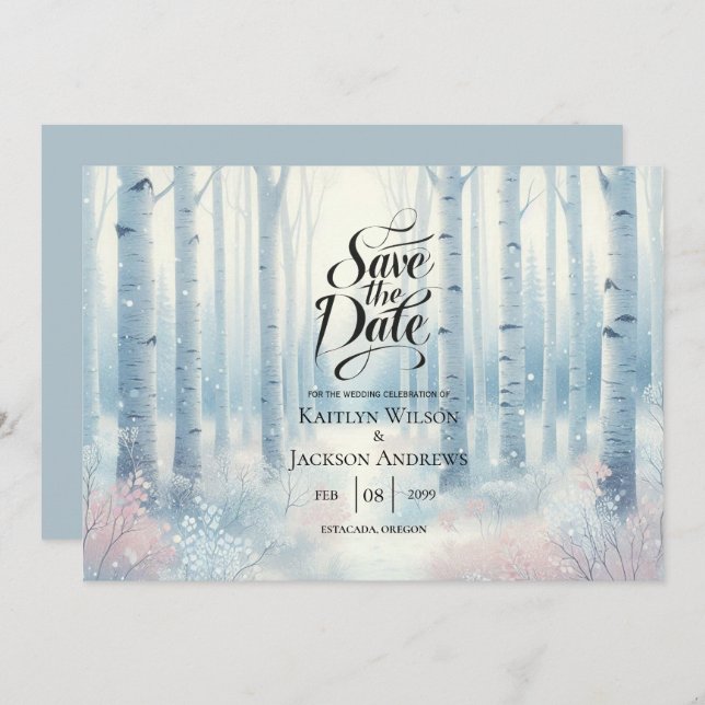 Frostat Blue Birch Forest Bröllop Spara Datumet (Fram/baksida)