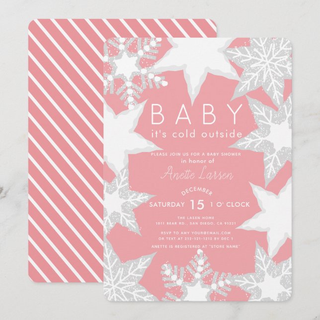 Frostat Snöflingor Rosa Winter Baby Shower Inbjudningar (Fram/baksida)