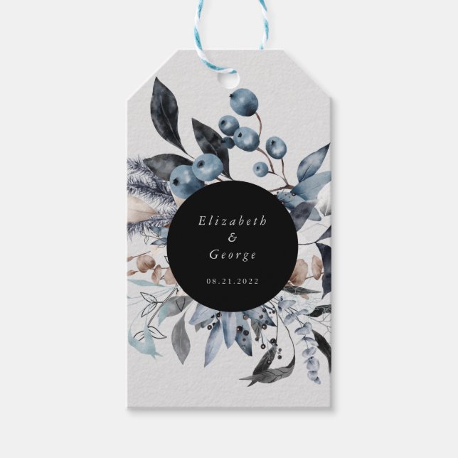 frostdammiga blå vinter blommonogram gåvometikette presentetikett (Framsidan)