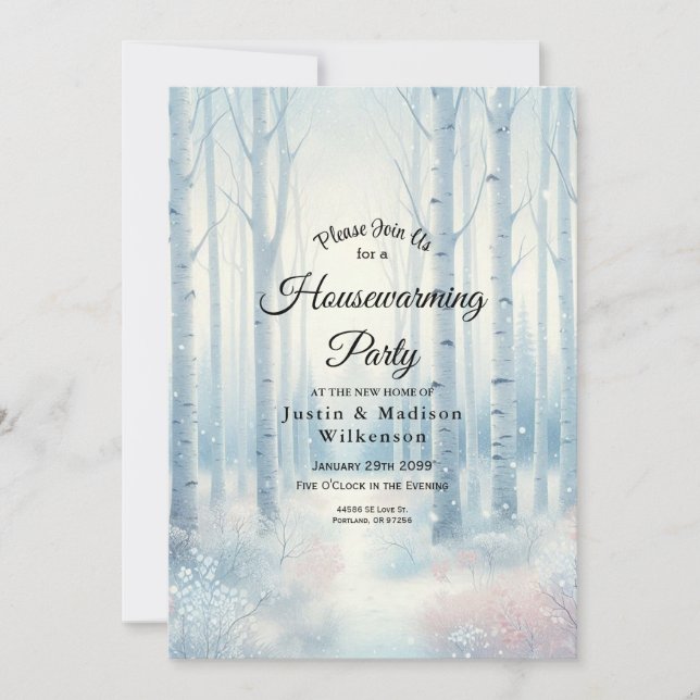  Frosted Blue Birch Forest Housewarming Party Inbjudningar (Framsida)