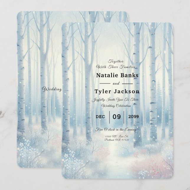 Frosted Blue Birch Forest Wedding Inbjudningar (Fram/baksida)