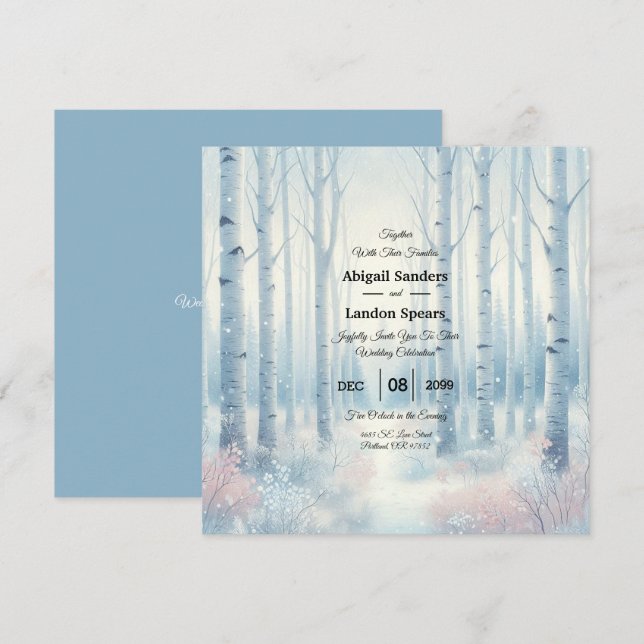 Frosted Blue Birch Forest Wedding Inbjudningar (Fram/baksida)