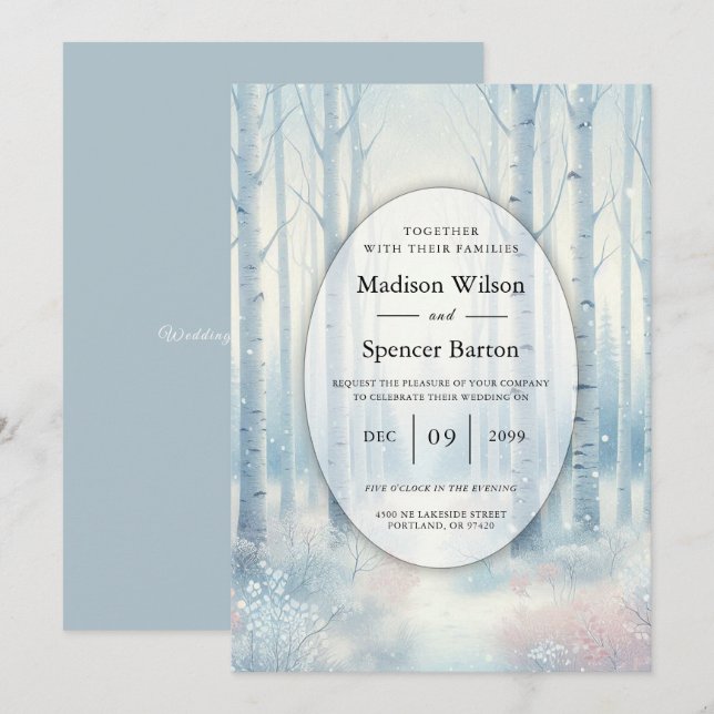 Frosted Blue Birch Forest Wedding Inbjudningar (Fram/baksida)