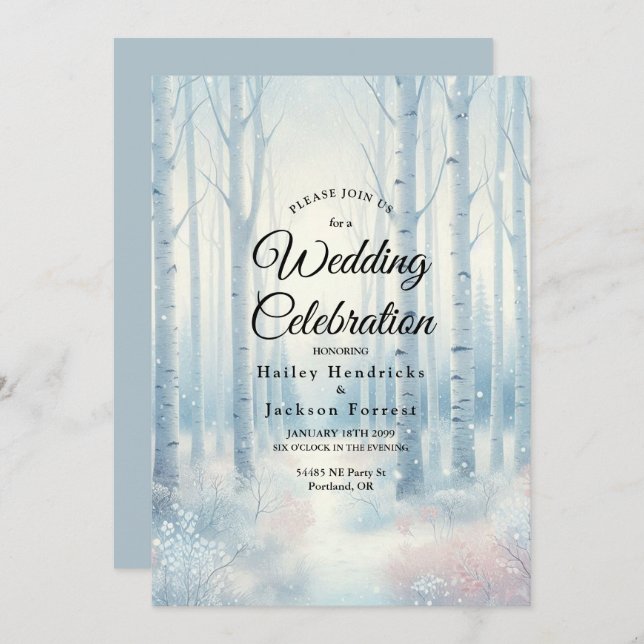 Frosted Blue Birch Forest Wedding Inbjudningar (Fram/baksida)