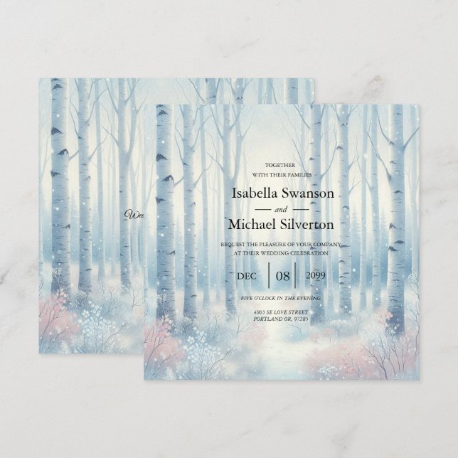 Frosted Blue Birch Forest Wedding Inbjudningar (Fram/baksida)