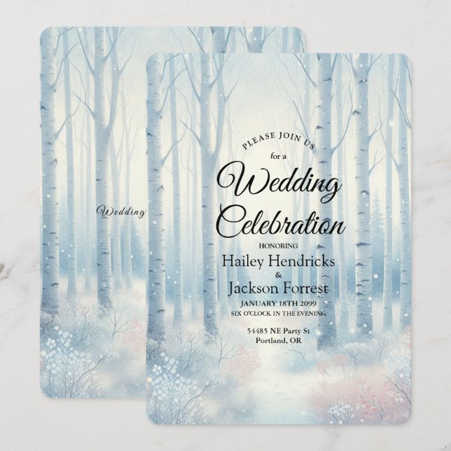 Frosted Blue Birch Forest Wedding Inbjudningar (Fram/baksida)