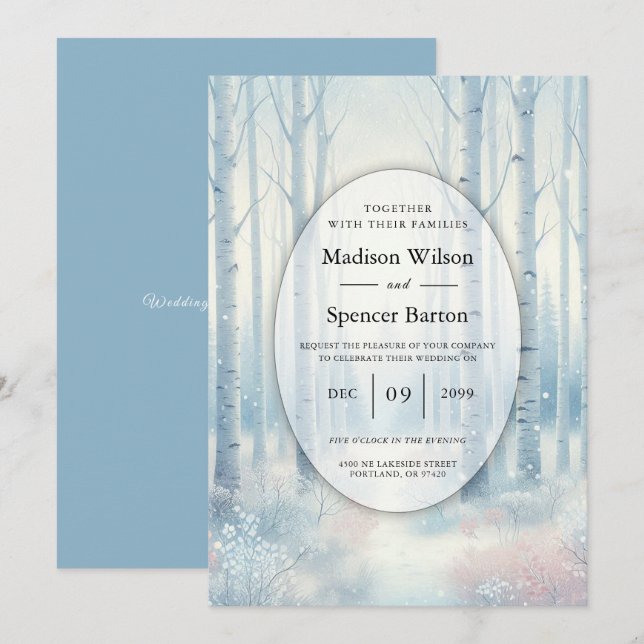 Frosted Blue Birch Forest Wedding Inbjudningar (Fram/baksida)