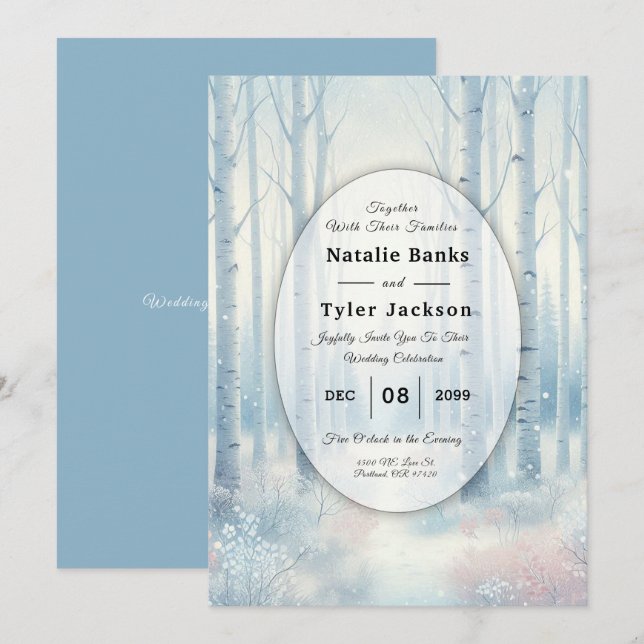 Frosted Blue Birch Forest Wedding Inbjudningar (Fram/baksida)