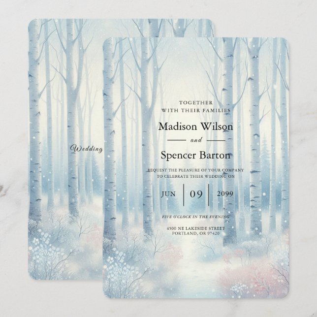 Frosted Blue Birch Forest Wedding Inbjudningar (Fram/baksida)