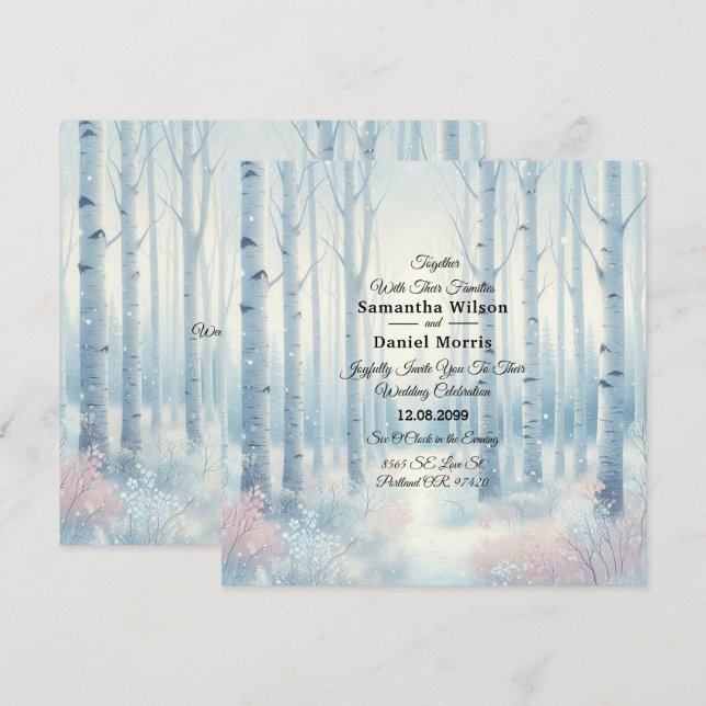 Frosted Blue Birch Forest Wedding Inbjudningar (Fram/baksida)