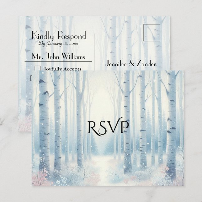 Frosted Blue Birch Forest Wedding RSVP Inbjudan Vykort (Fram/baksida)
