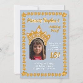 Frosted Blue Princess Crown Floral Photo Birthday Inbjudningar