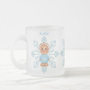 Frosted Blue Snowflake and Gingertea Person Frostad Glasmugg