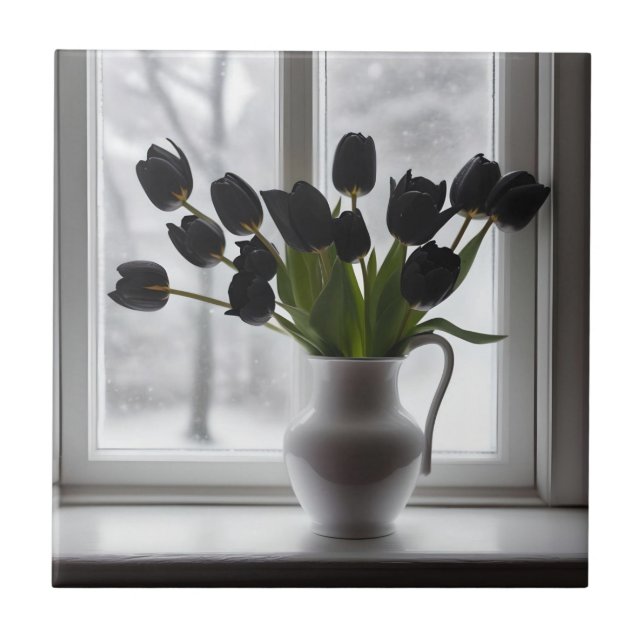 "Frosted Elegance: Black Tulips in a White Vas Kakelplatta (Framsidan)