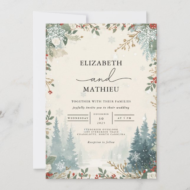 Frosted Evergreen Winter Wedding Inbjudningar (Framsida)