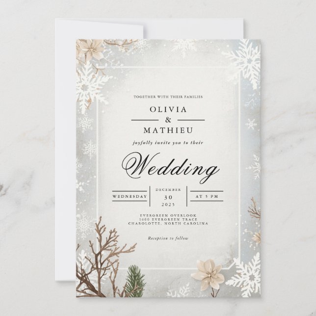Frosted Gren Winter Wedding Inbjudningar (Framsida)